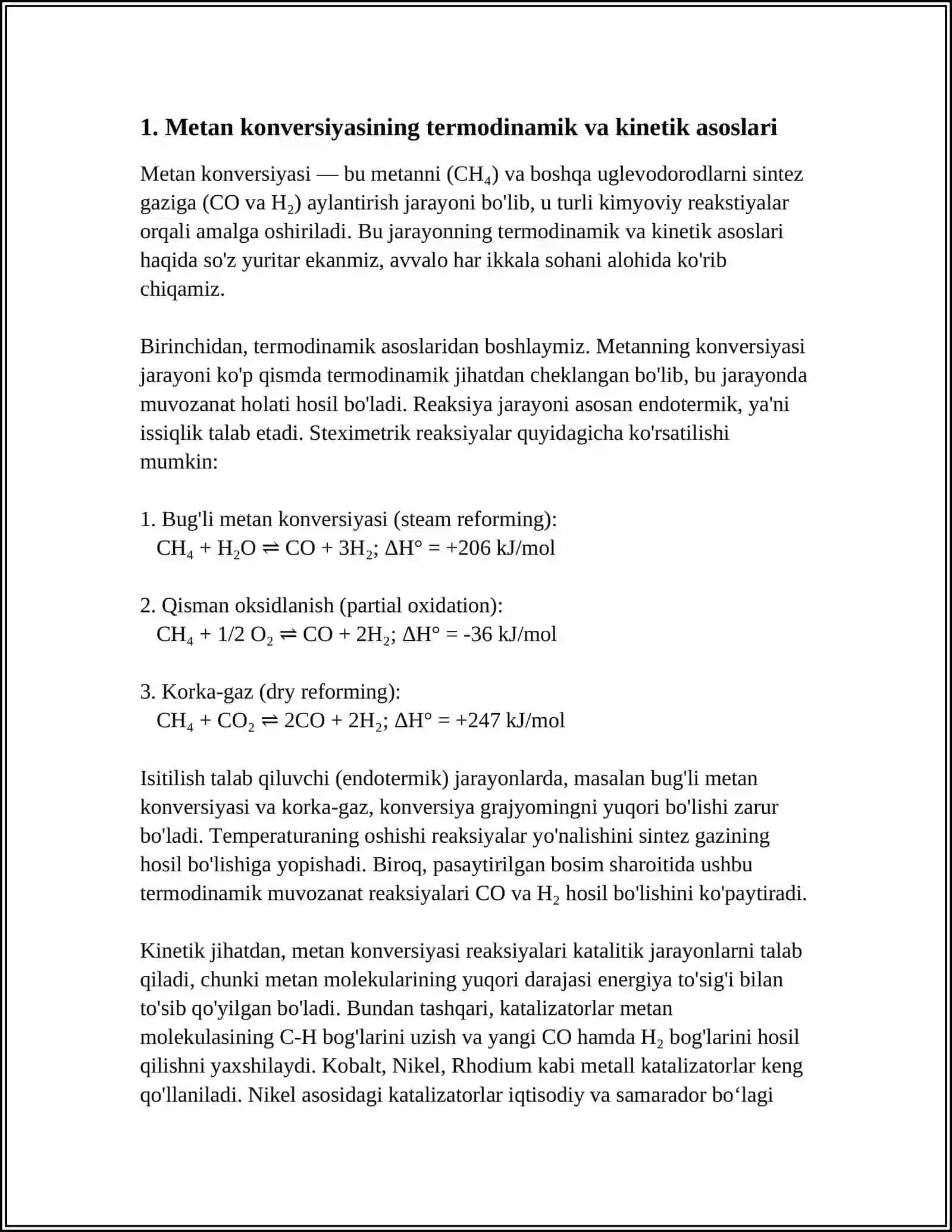 METAN KONVERSIYASI ORQALI SINTEZ GAZ (CO VA H2 )OLISH TEXNALOGIYASI 3