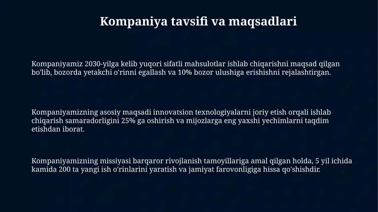 Biznes-reja: 2030-yilga mo'ljallangan fabrika (50 million dollarlik investitsiya) 3