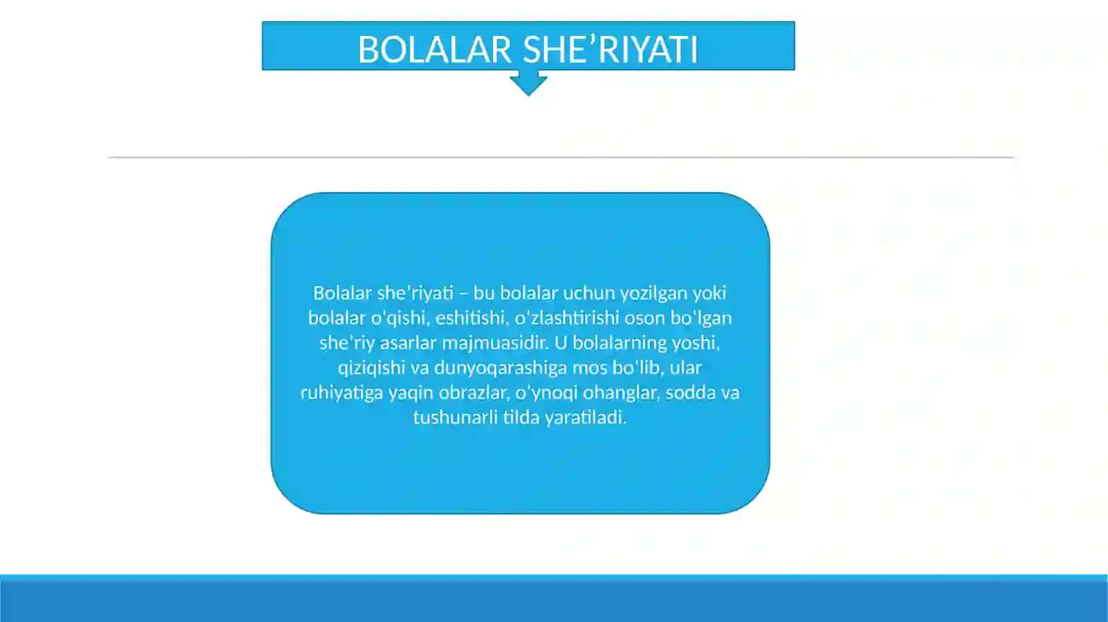 Bolalar she'riyatining ma'rifiy va ijtimoiy-estetik xususiyatlari. Istiqlol davri o'zbek bolalar she'riyati taraqqiyotining ijtimoiy-estetik asoslari, badiiy tafakkurning yangilanishi va bolalar she'riyatida an'anaviy mavzular tahlili. 3