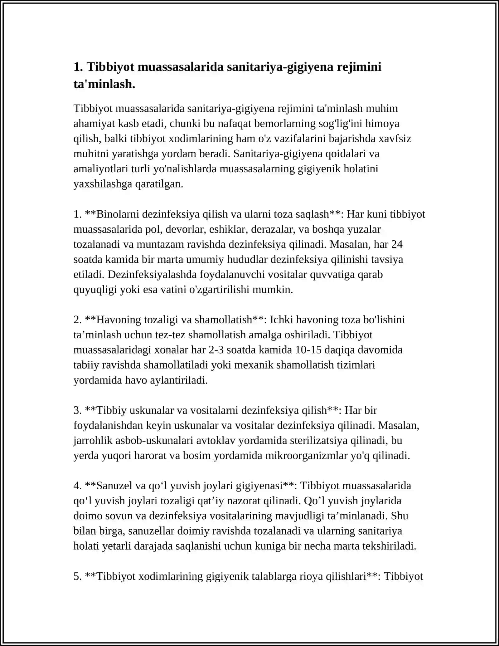TIBBIY-PROFILAKTIKA MUASSASALARIDA SANITARIYA-GIGIYENA REJIMI. MEHNAT GIGIYENASI, SHAXSIY GIGIYENA QOIDALARI, XODIMLARNI TIBBIY KO'RIKDAN O'TKAZISH VA EMLASH ZARURATI VA CHASTOTASI. DASTLABKI, JORIY VA UMUMIY TOZALASH XUSUSIYATLARI 3