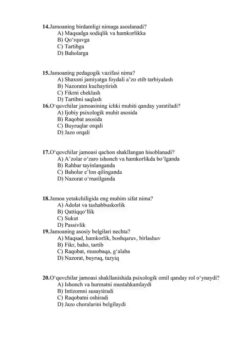 Jamoa tushunchasi. Oʻquvchilar jamoasini shakllantirishning ahamiyati mavzusida test 3
