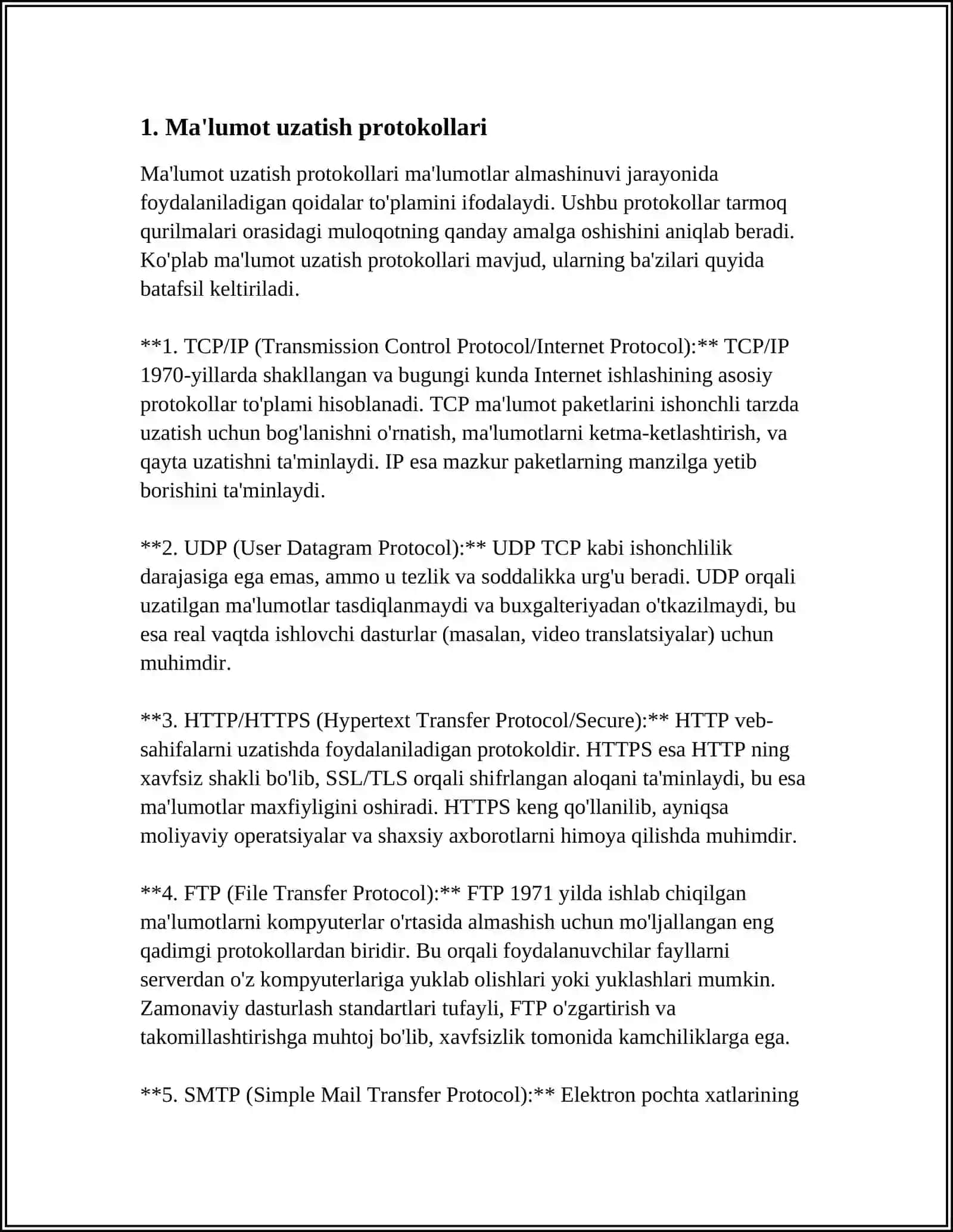KOMPYUTERDA MA'LUMOTLARNING UZATILISHI QURILMALARNING O'ZARO MA'LUMOT ALMASHINISH STANDARTLARI VA PROTOKOLLARI 3