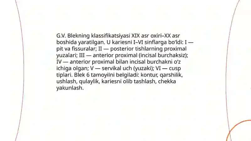 G.V.Blek boyicha karies kovaklarining kilinik topografik tasnifi 3