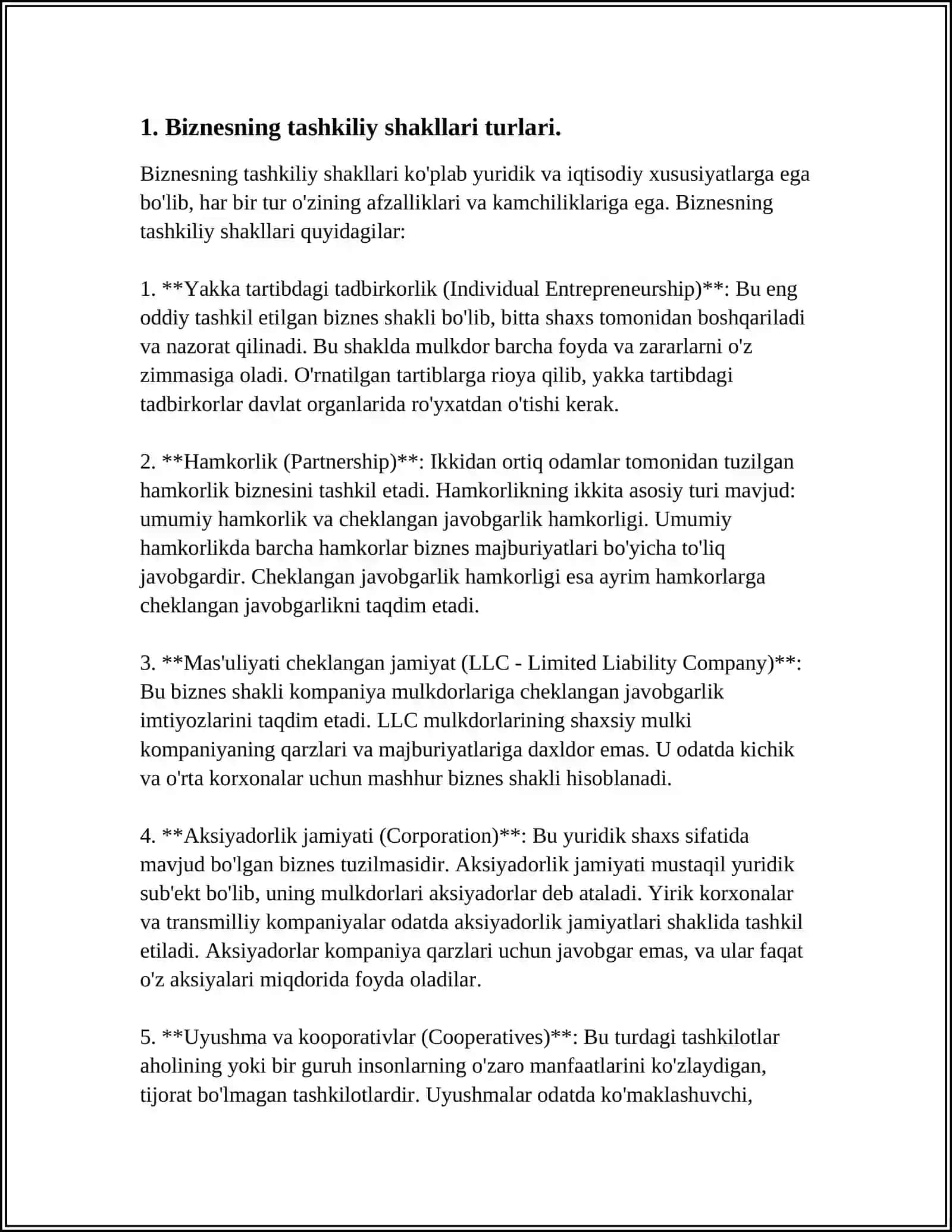 BIZNESNING TASHKILIY SHAKLLARI VA ULARNING MOLIYAVIY QARORLAR QABUL QILISHGA TA'SIRI 3
