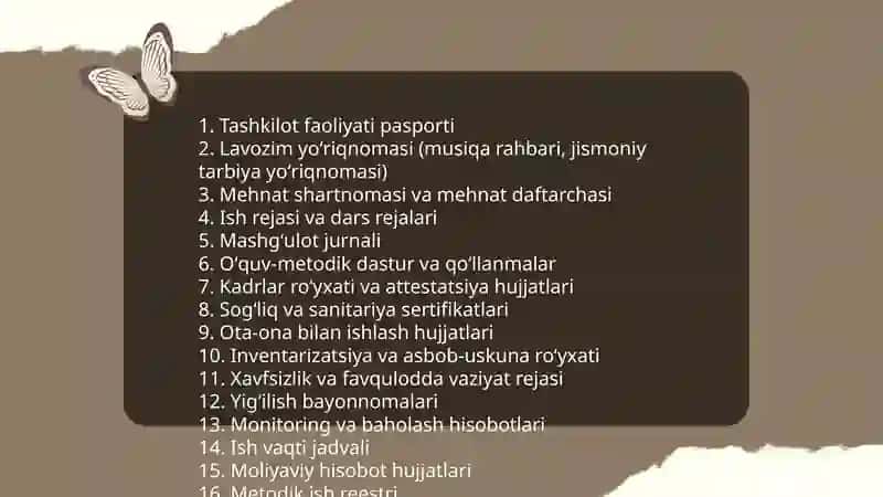 Davlat maktabgacha talim tashkilotida musiqa rahbari va jismoniy tarbiya yoʻriqnomasi ish hujjati 08-01 3