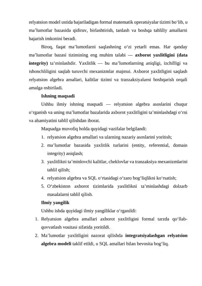 Relyatsion algebra va maʼlumotlar bazasida axborot yaxlitligi 3