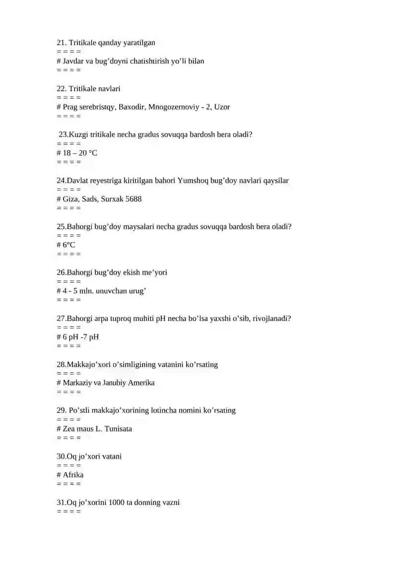 O’simlikshunoslik fanidan yakuniy test savollari 3