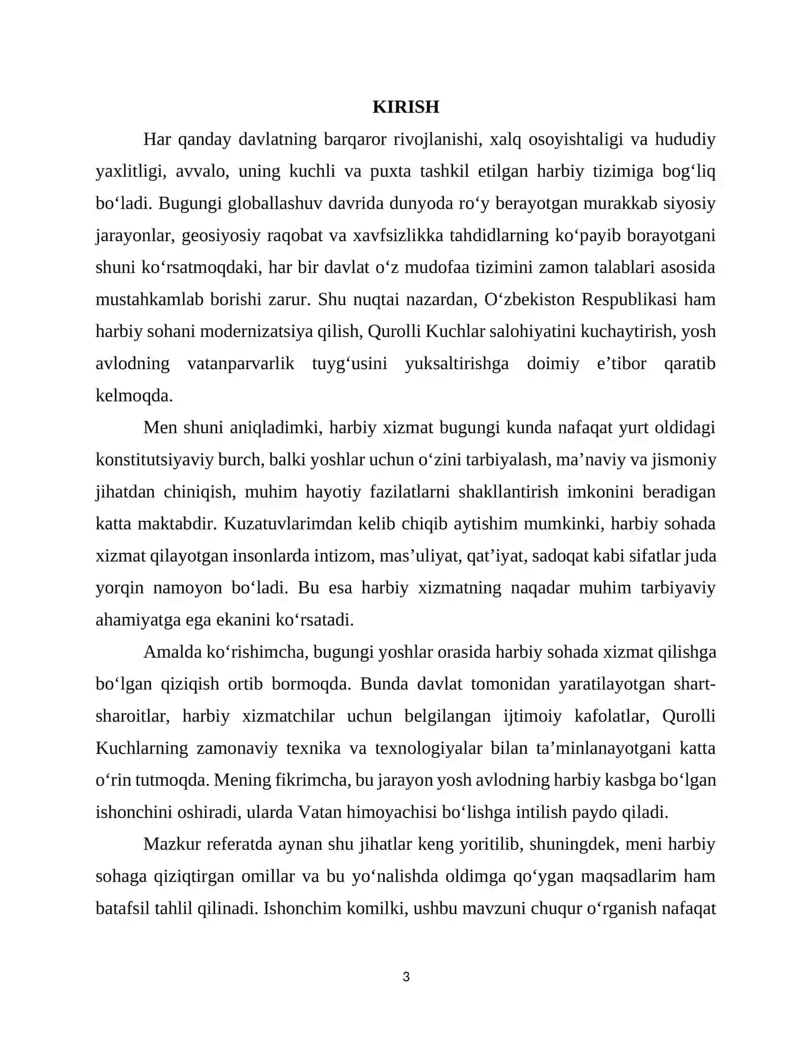 Harbiy xizmatga ishga kirishga qiziqish uyg‘otgan sabablar va harbiy sohada oldimga qo‘ygan asosiy maqsadim REFERATi 3