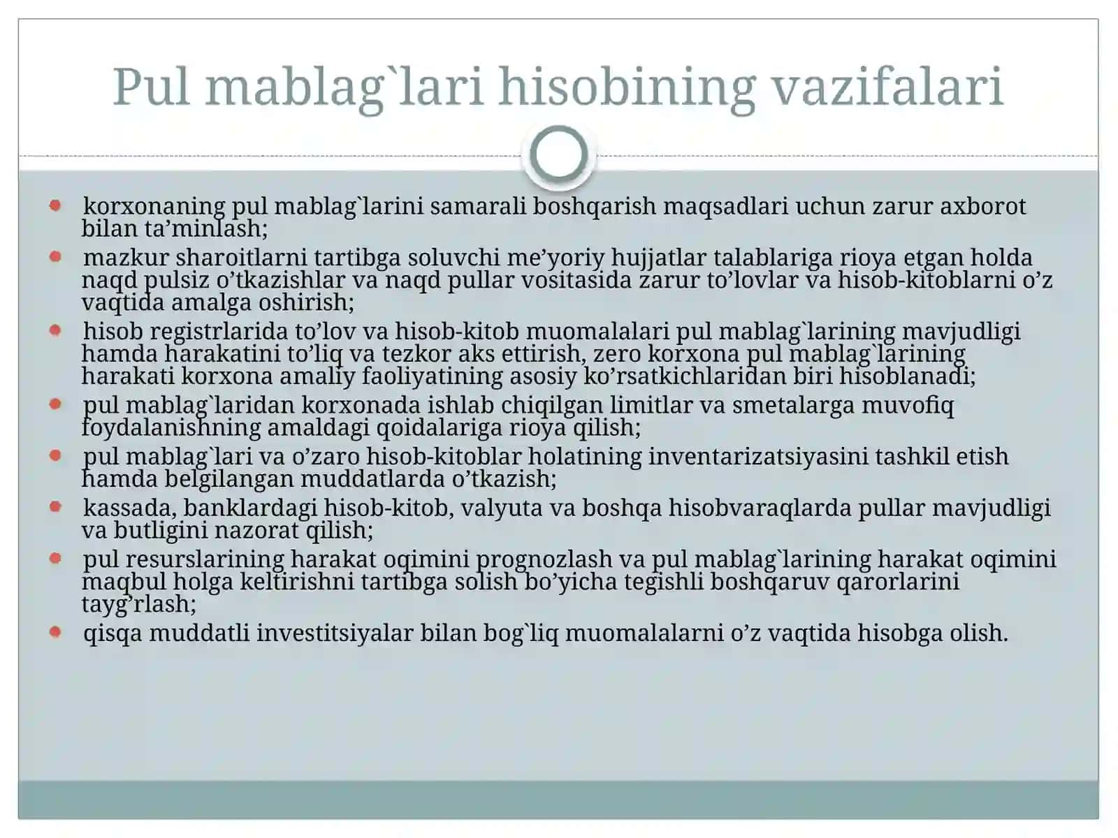 Pul mablag`lari va hisob –kitob muomalalari hisobining vazifalari 3