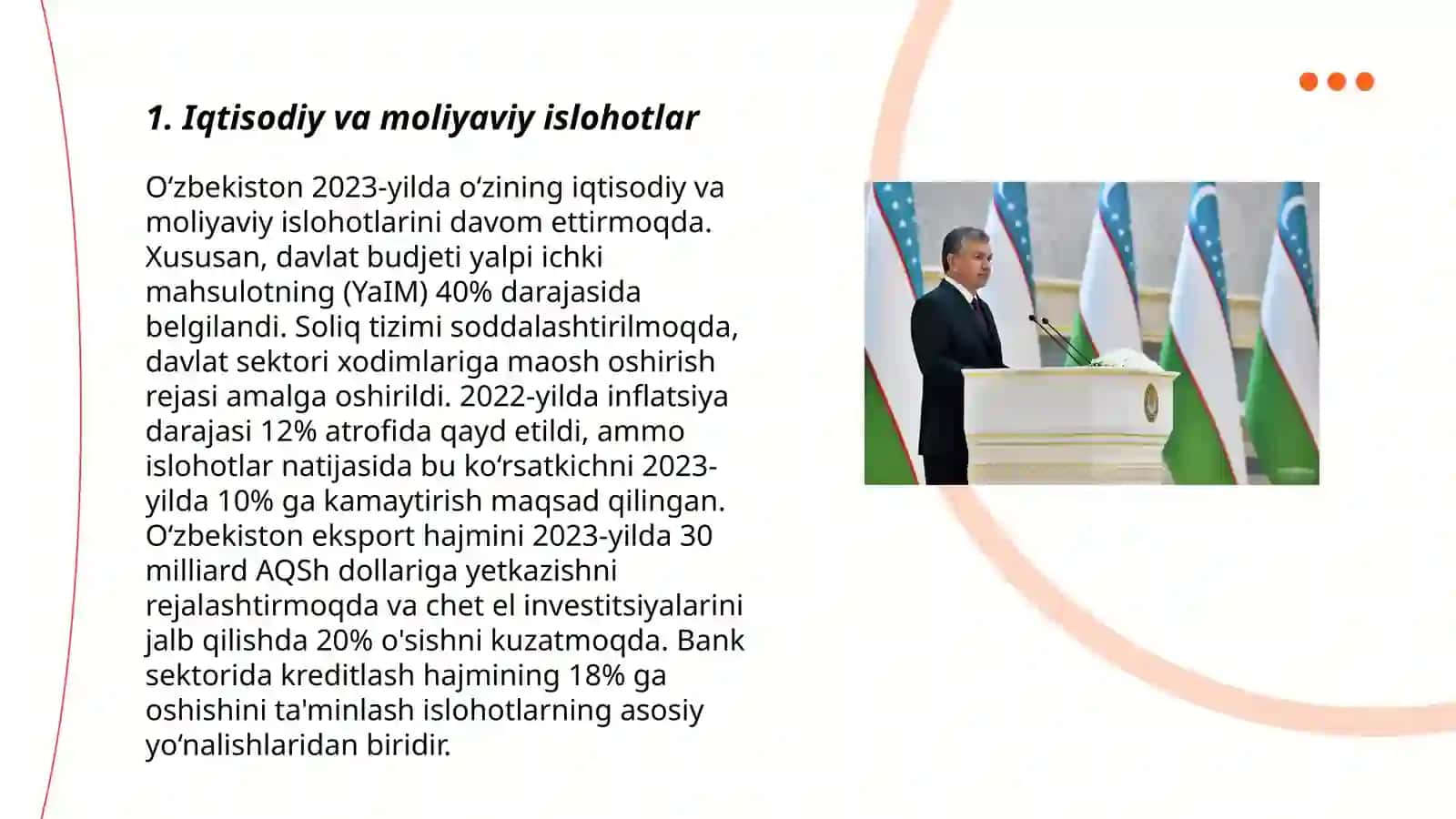 Prezident Sh.M.Mirziyoyev rahbarligi va tashabbusi ostida amalga oshirilayotgan islohotlar 3