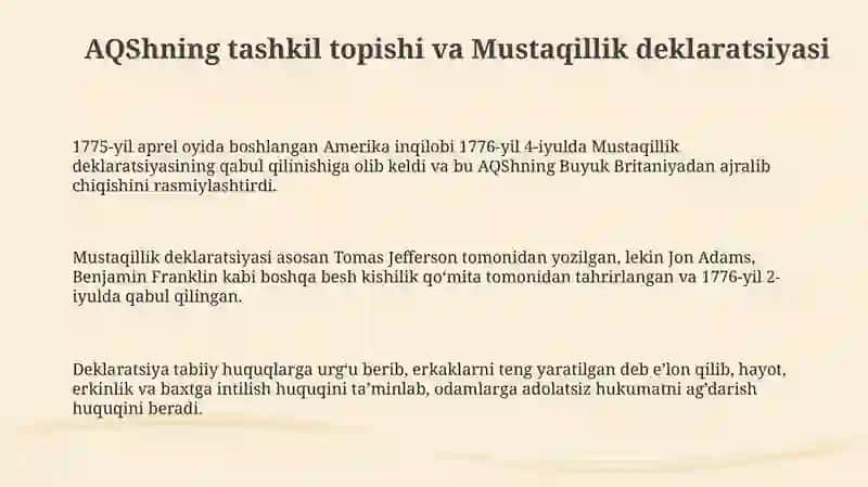 AQShning tashkil topishi, Mustaqillik Deklarasiyasi va uning tarixiy ahamiyati 3