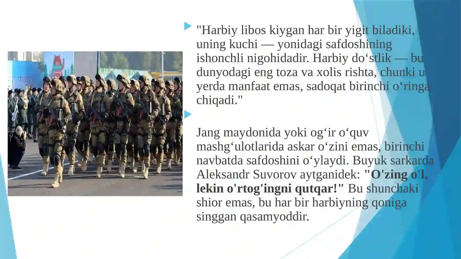 Harbiy jamoadagi sog'lom muhit, o'zaro hurmat va do'stlik-huquqbuzarlikning oldini olish omillaridir 3