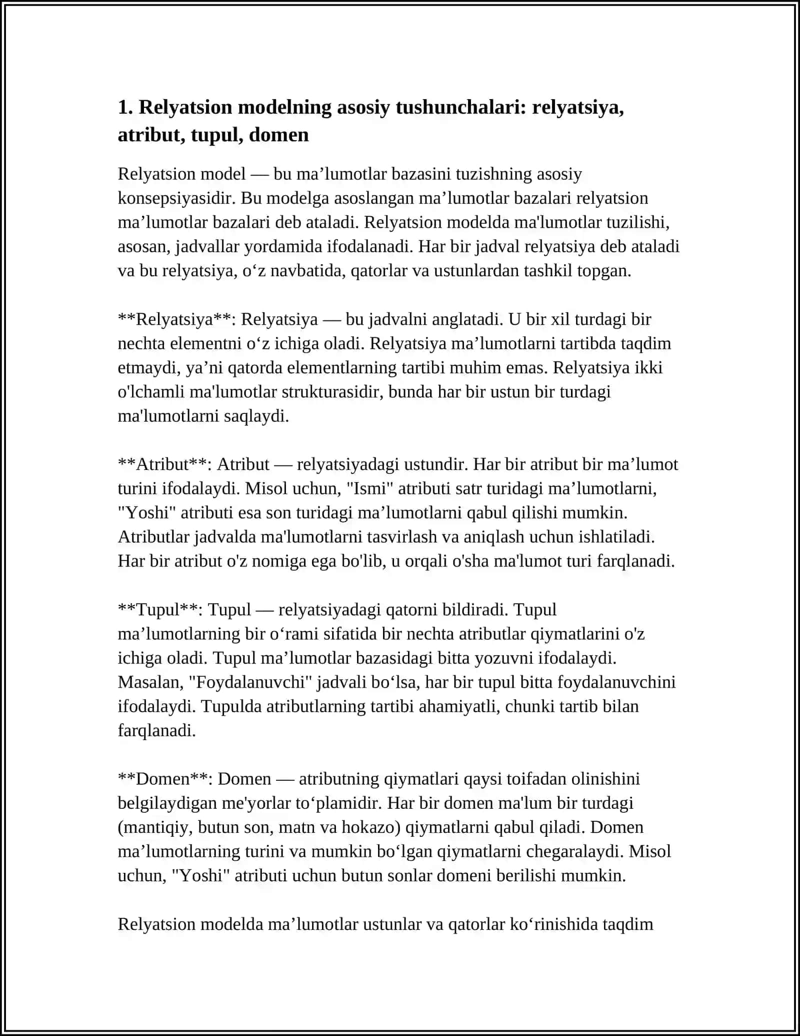 RELYATSION MODEL ASOSLARI, OBYEKTLARNI RELYATSION MODEL ASOSIDA BAYON ETISH 3