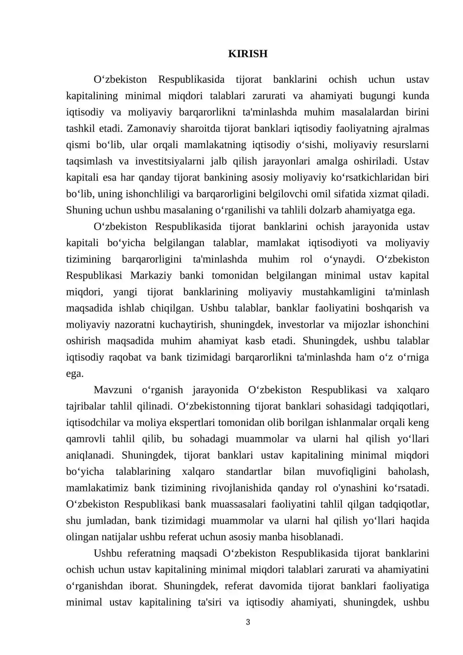 O‘zbekiston Respublikasida tijorat banklarini ochish uchun ustav kapitalining minimal miqdori talablari zarurati, ahamiyati 3