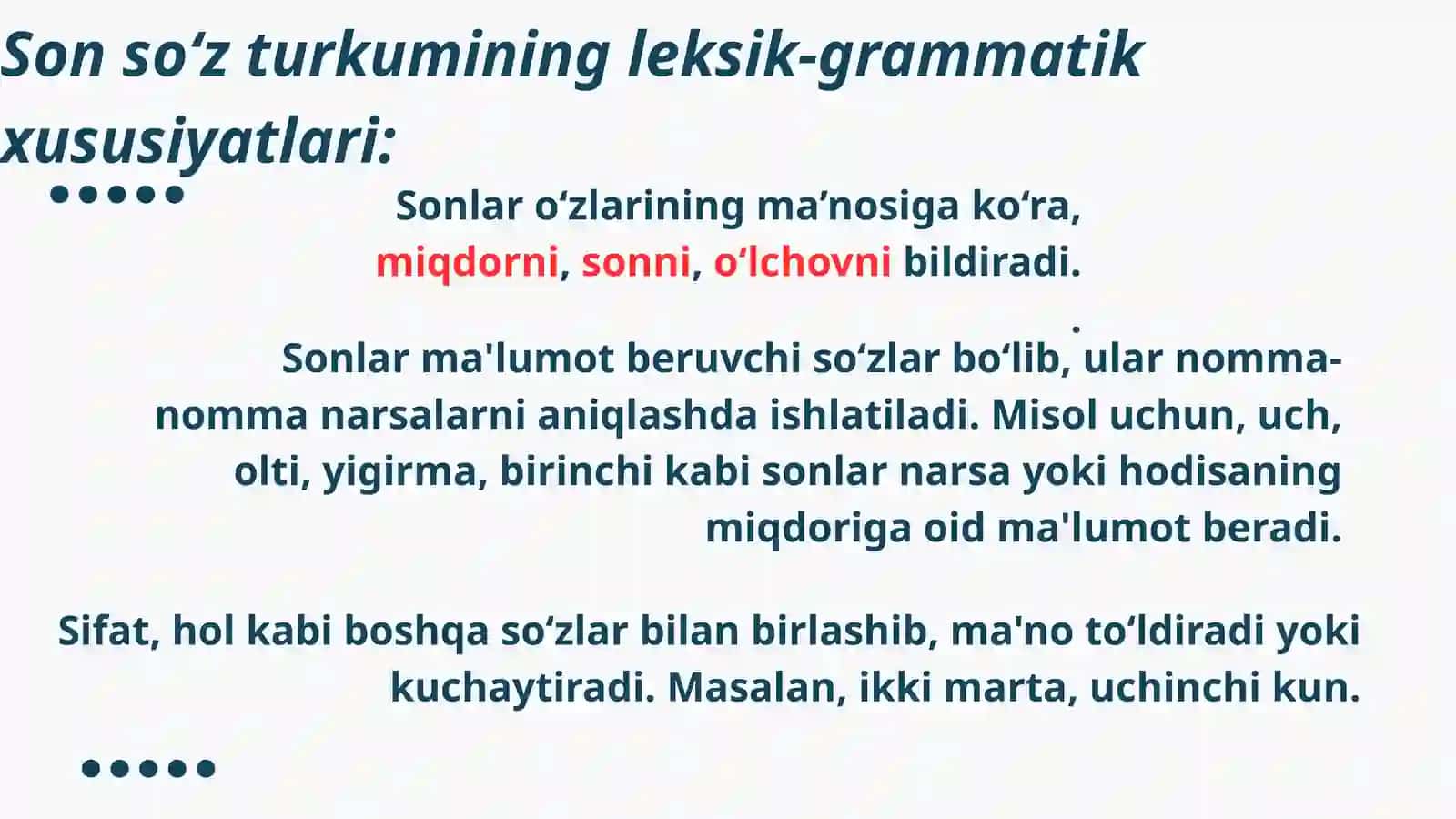 Son so'z turkumi. Sonning leksik gramatik xususiyatlari ma'no turlari 3