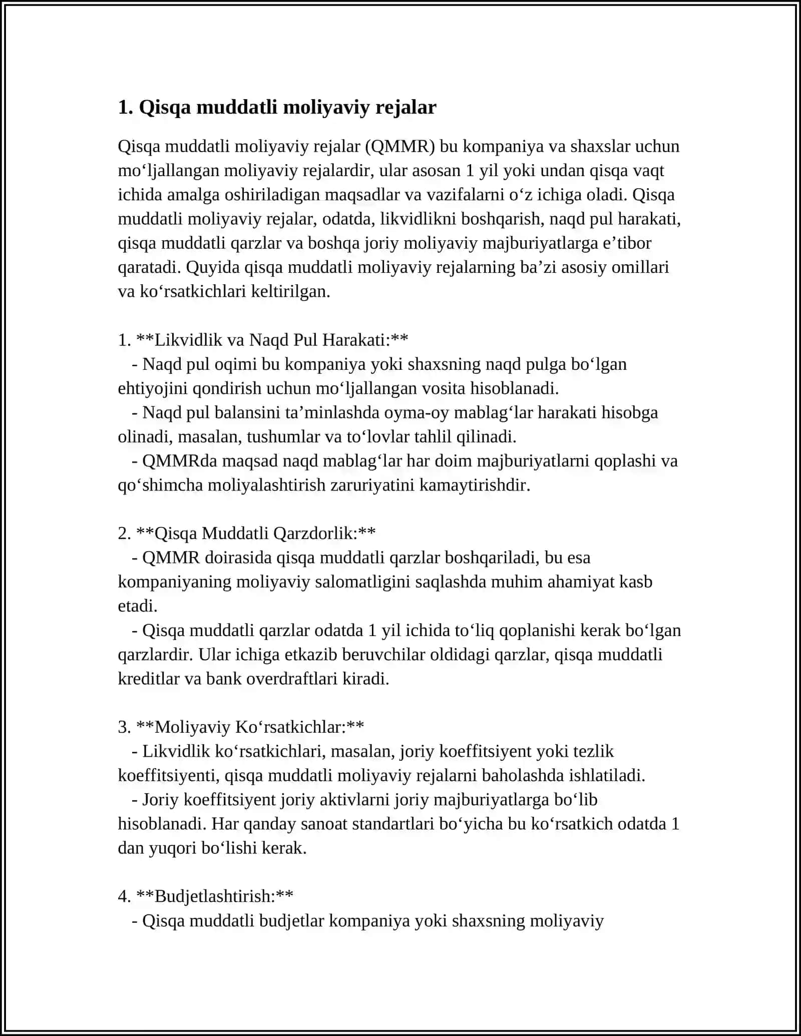 Qisqa Muddatli Moliyaviy Rejalar 3