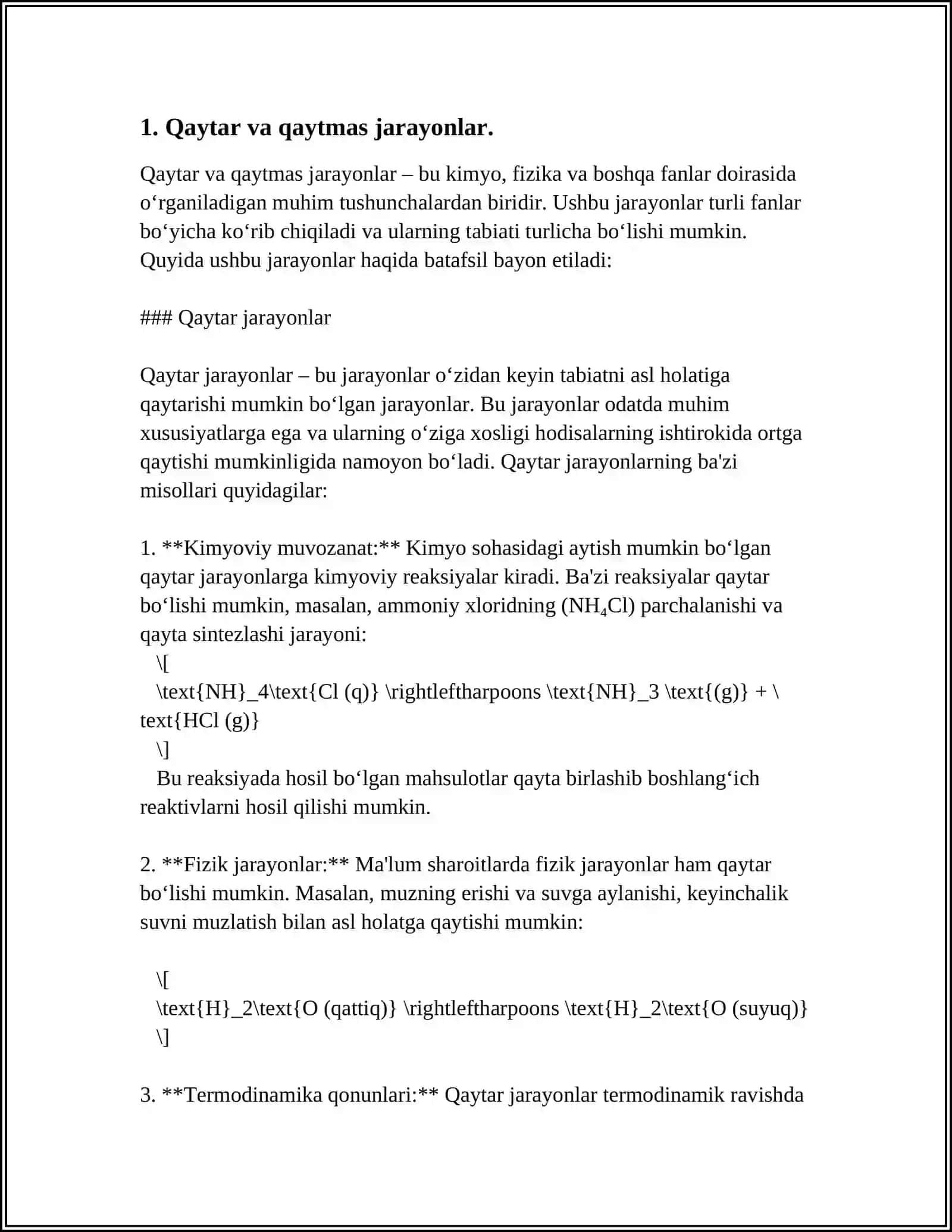 MUSTAQIL ISH Mavzu: QAYTAR VA QAYTMAS JARAYONLAR. KARNOSIKLI VA UNING FOYDALI ISH KOEFFITSIENTI. ENTROPIYA VA TURLI JARAYONLAR VAQTIDA ENTROPIYANING O‘ZGARISHINI HISOBLASH EFFEKTLARI 3