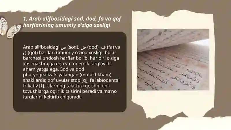 Arab alifbosidagi sod dod fa Qof harflarining oʼziga xosligi 3