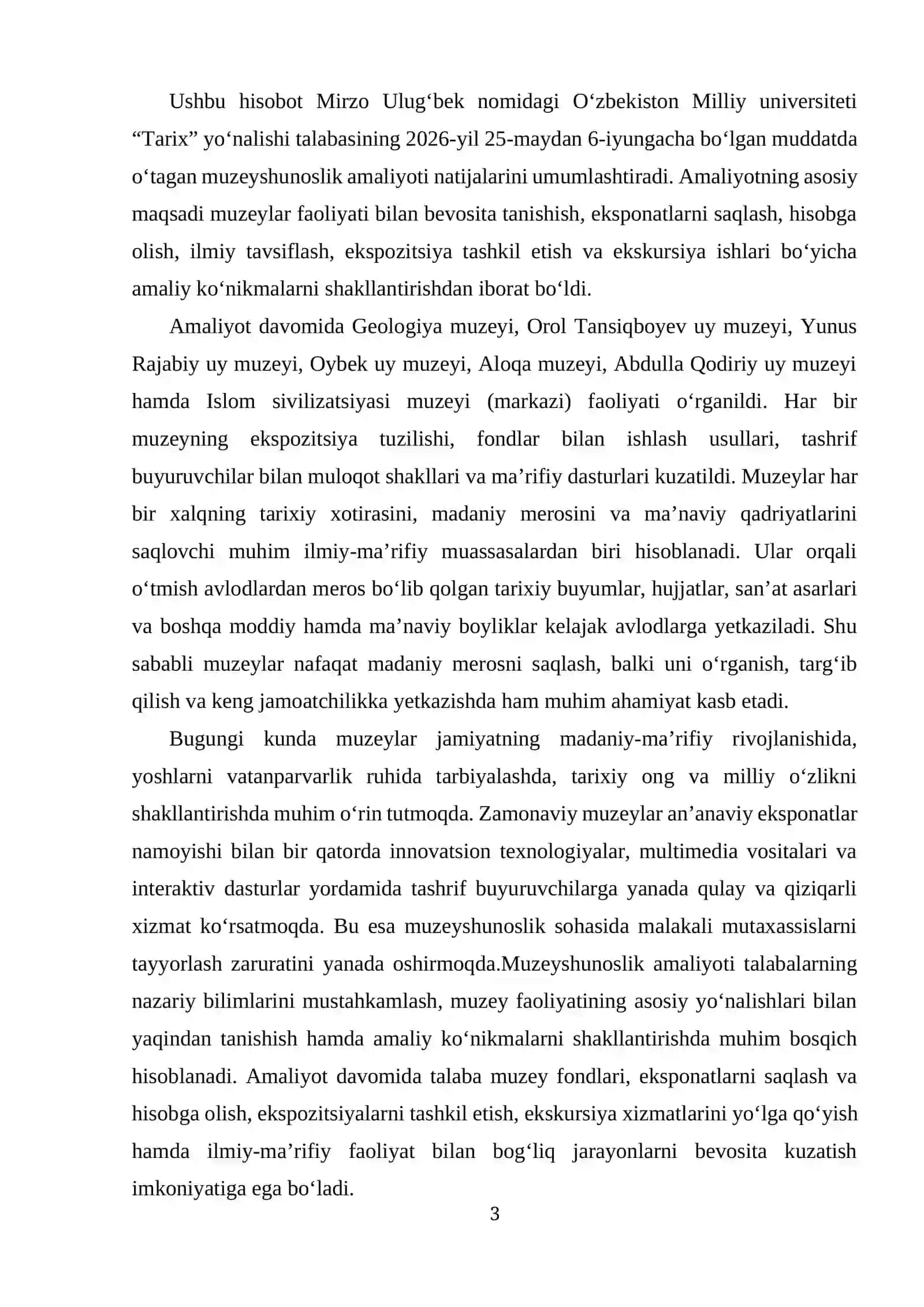 Muzeyshunoslik amaliyot bo‘yicha 3