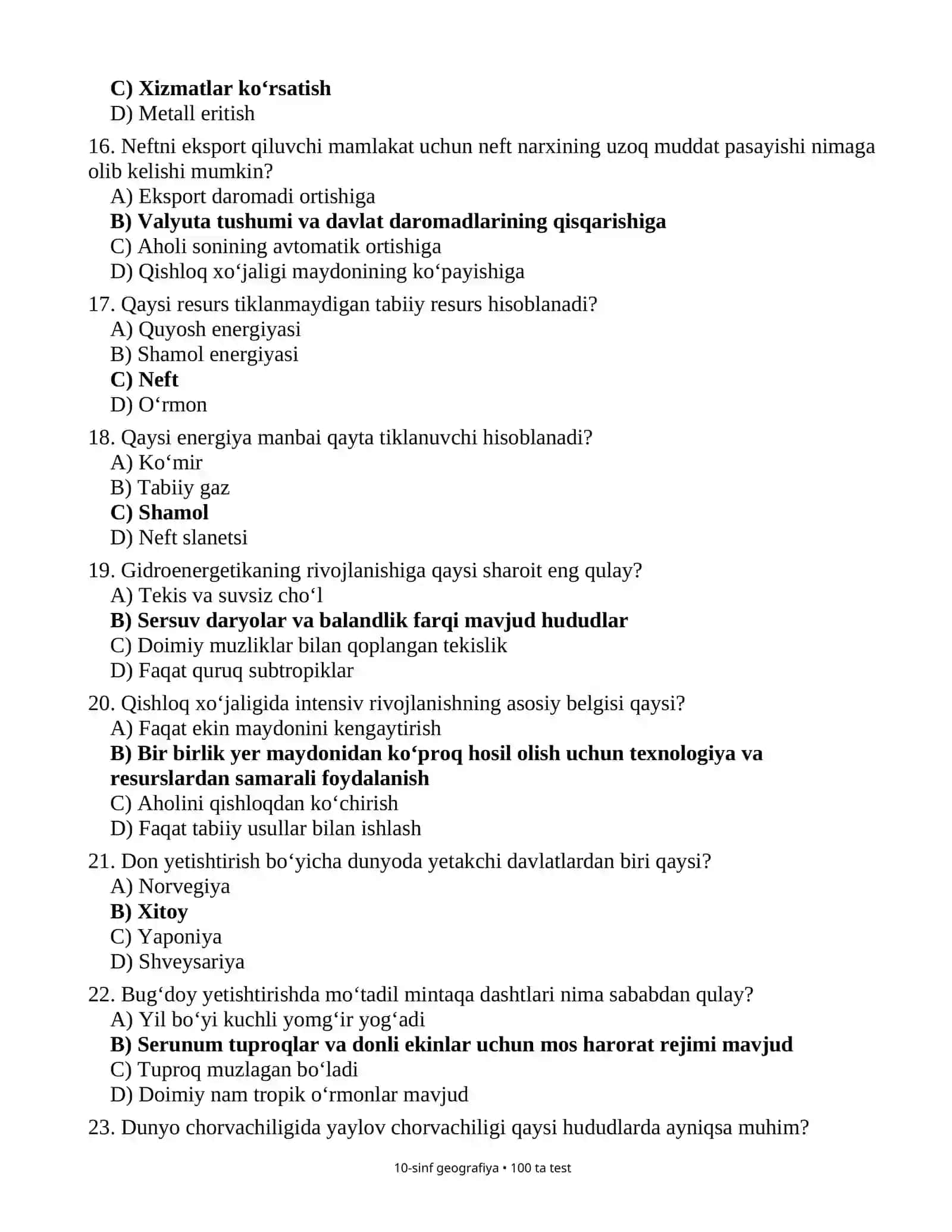 1-SINF UCHUN 100 TALIK  OLIMPIADA TAYYORGARLIK TESTLARI BANKI GEOGRAFIYA FANIDAN 3
