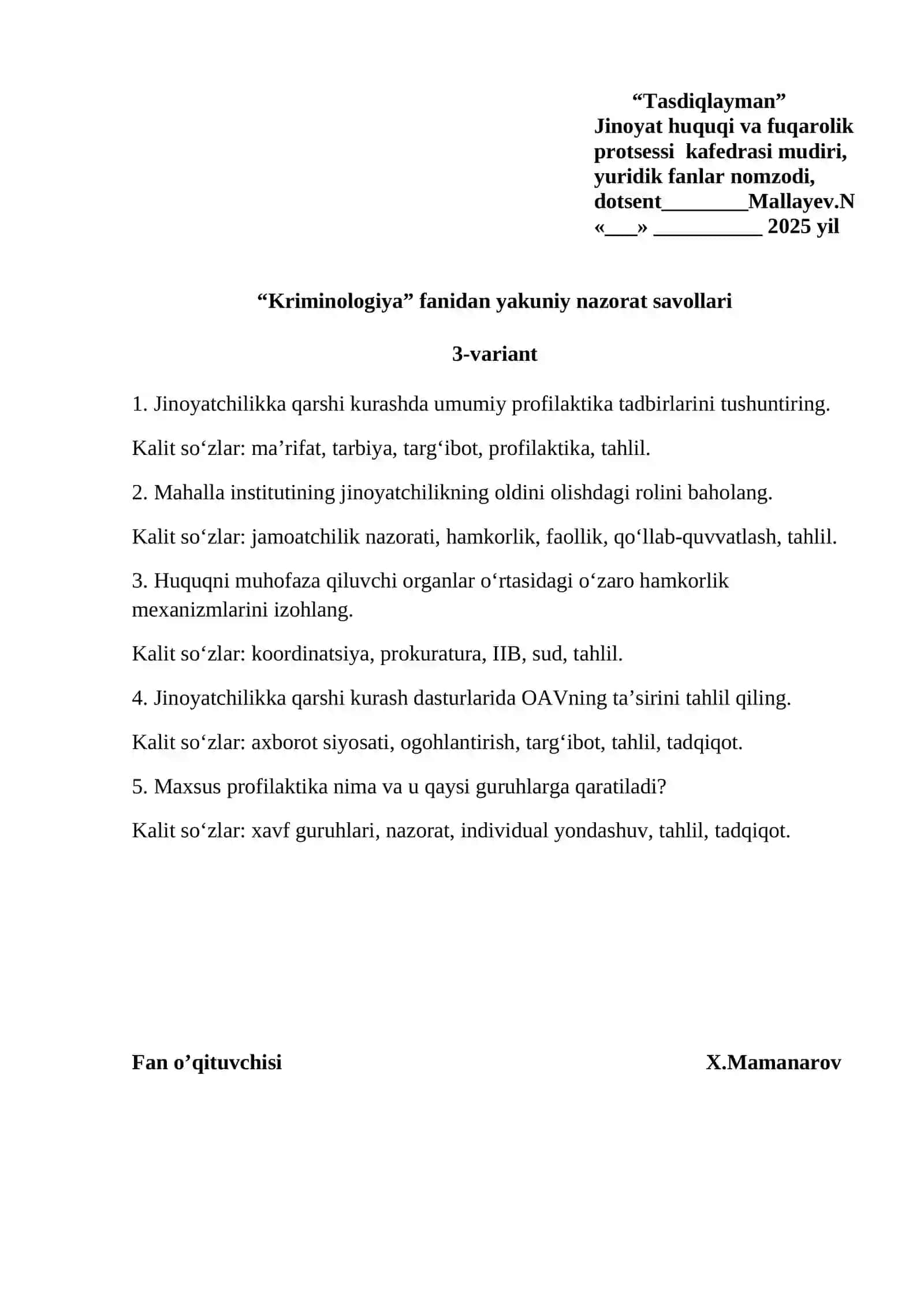 Kriminologiya fanidan yakuniy nazorat savollari 3