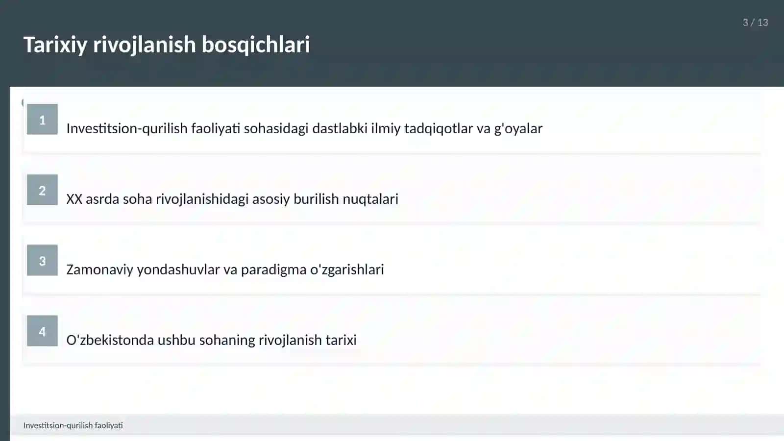 Tajdimot: Investitsion-qurilish faoliyati 3
