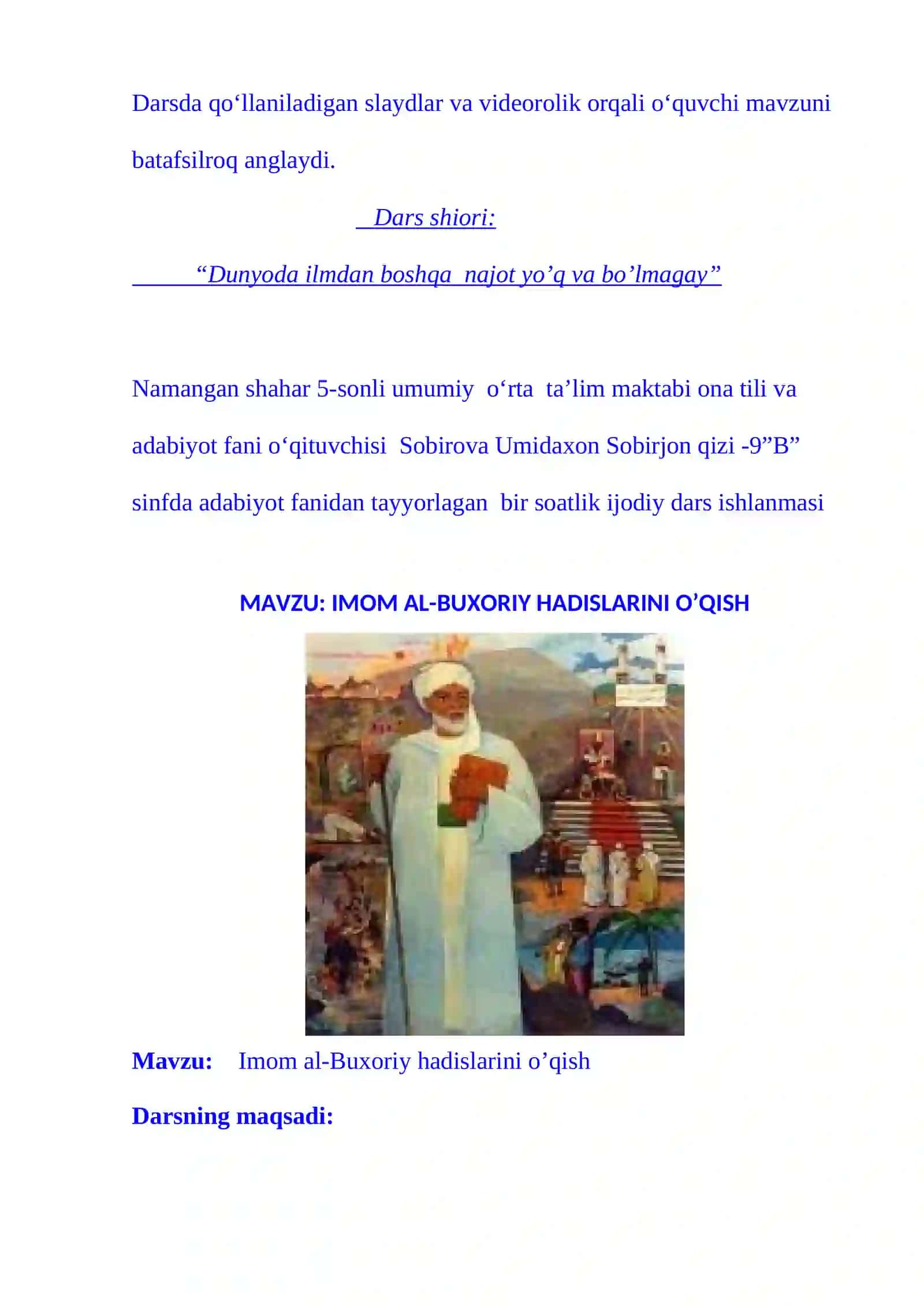 9-sinf Adabiyot fanidan Imom al-Buxoriy hadislarini o'qish dars ishlanma 3