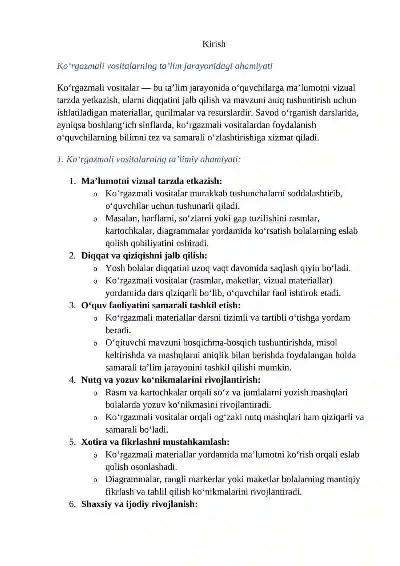 Ona tili o’qitish metodikasi fanidan “Savod o’rganish darslarida ko’rgazmalari vositalaridan foydalanish” 3
