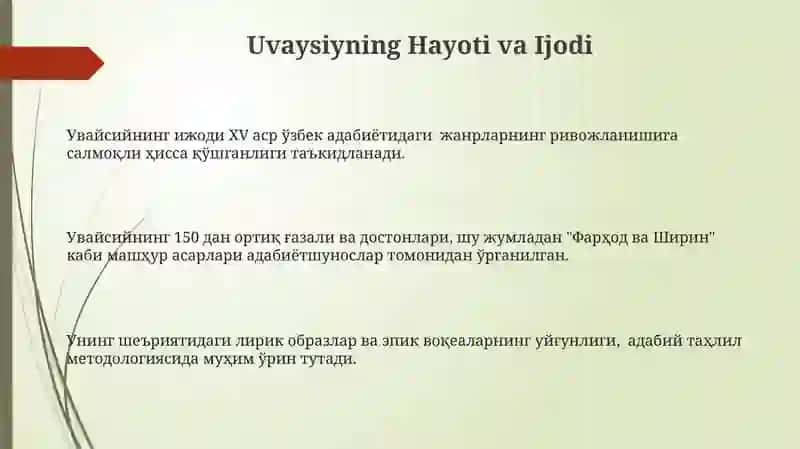 Uvaysiyning Hayoti va Ijodi 3