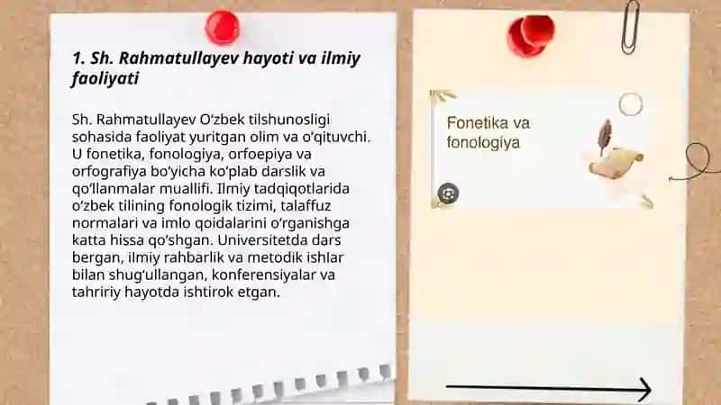 Oʻzbek  tilshunosi Sh. Rahmatullayev — fonetika, fonologiya, orfoepiya va orfografiya bo‘yicha ko‘plab darslik va qo‘llanmalari va faoliyati haqida 3