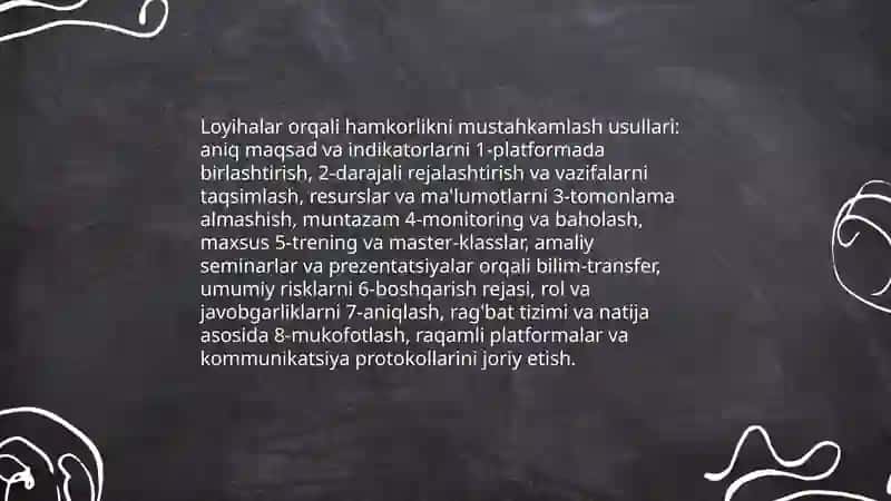 Hamkorlik tizimini takomillashtirishda loyixalar master klass amaliy semenarlar aksiyalar prezentatsiyalardan foydalanish afzalligi. 3