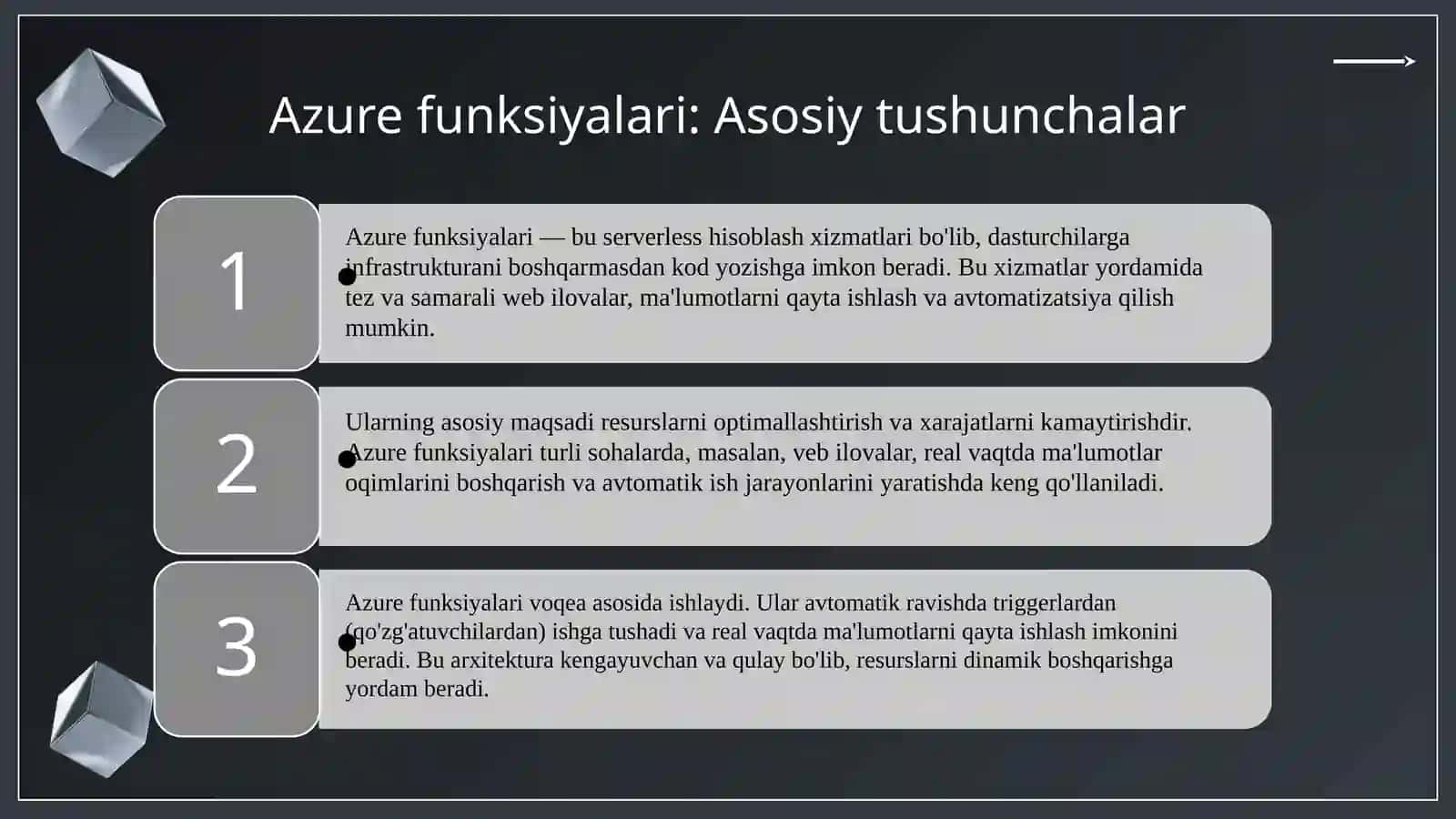 Mikrasoft Azure funksiyalari va texnalogiyalari 3