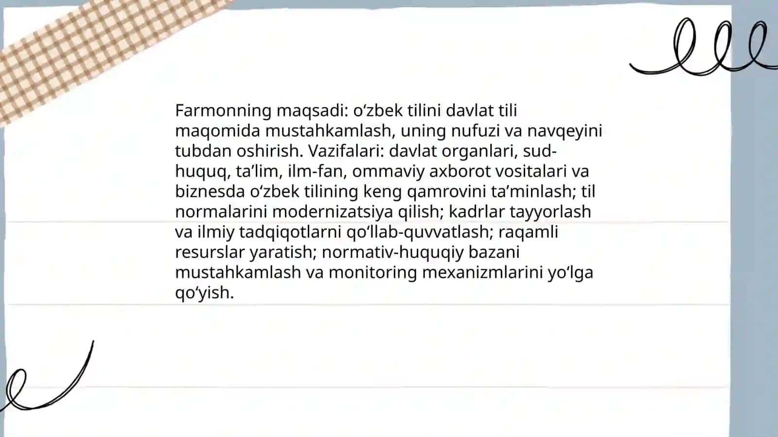 O'zbek tilining davlat tili sifatidagi nufuzi va navqeyini tubdan oshirish chora- tadbirlari 3