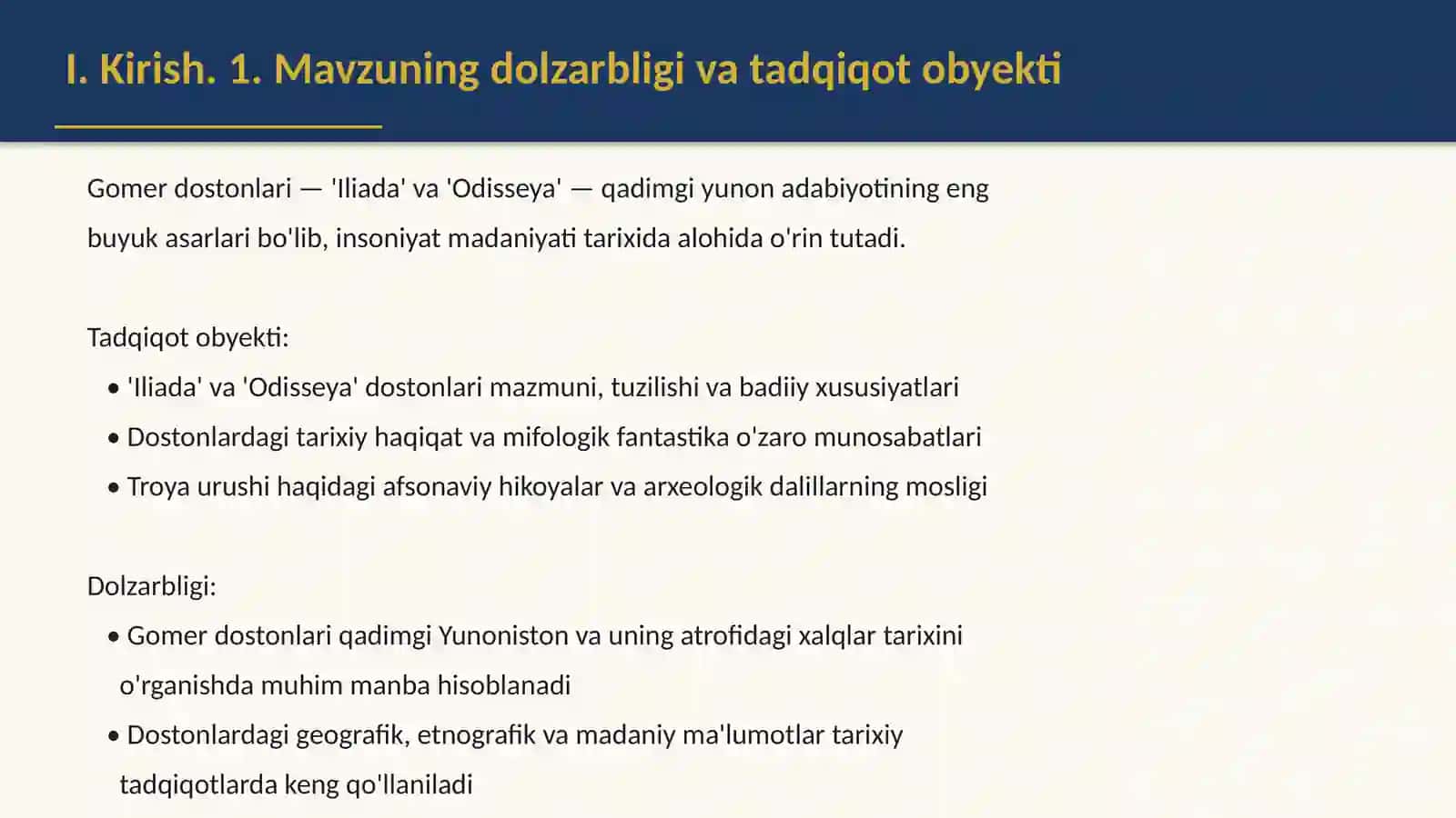 Gomer dostonlari. '"Iliada" va "Odisseya" dostonlarining tarixiy manba sifatida o'rganilishi 3