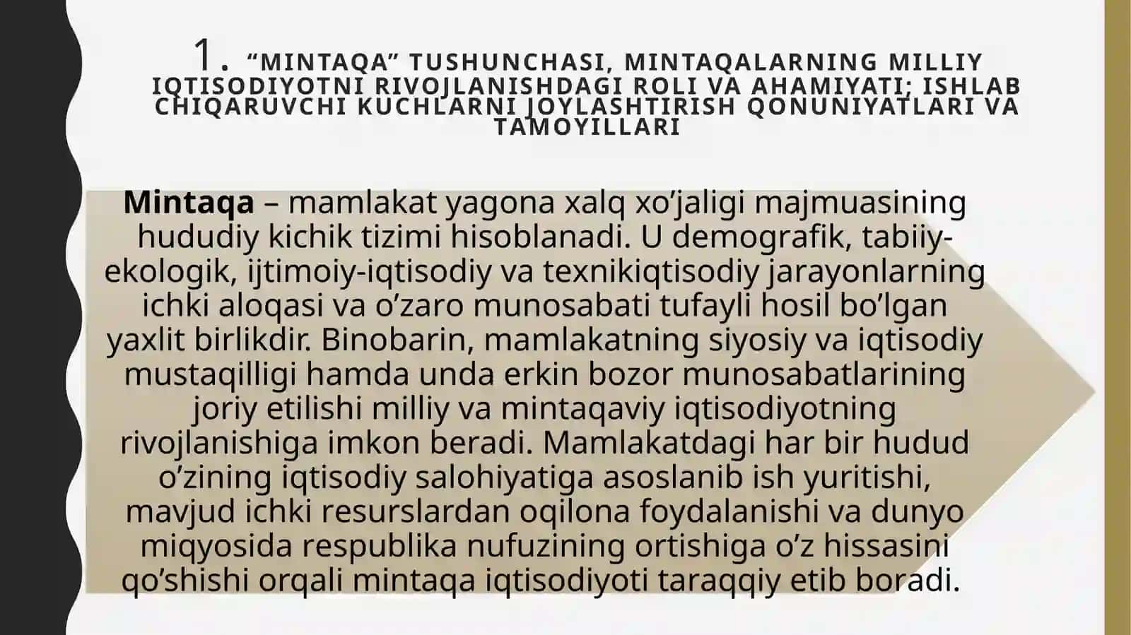 Mintaqaviy iqtisodiyot fanining predmeti, maqsadi,vazifalarivaO’zbеkistоnning mа’muriy-hududiy tuzilishi vа ulаrning mintаqаviy rivоjlаnish xususiyatlаri 3