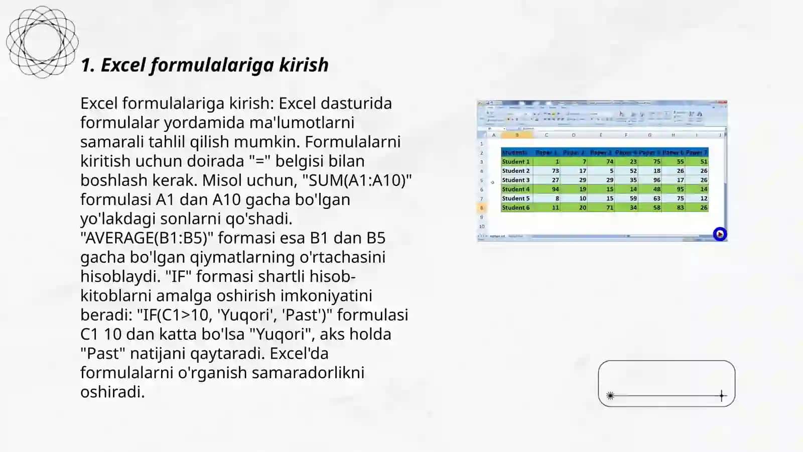 Ms Exsel dasturida ishlash. Formula va funksiyalar bilan ishlash. Exselda matematik amallar va funksiyalarni qoʻllash 3