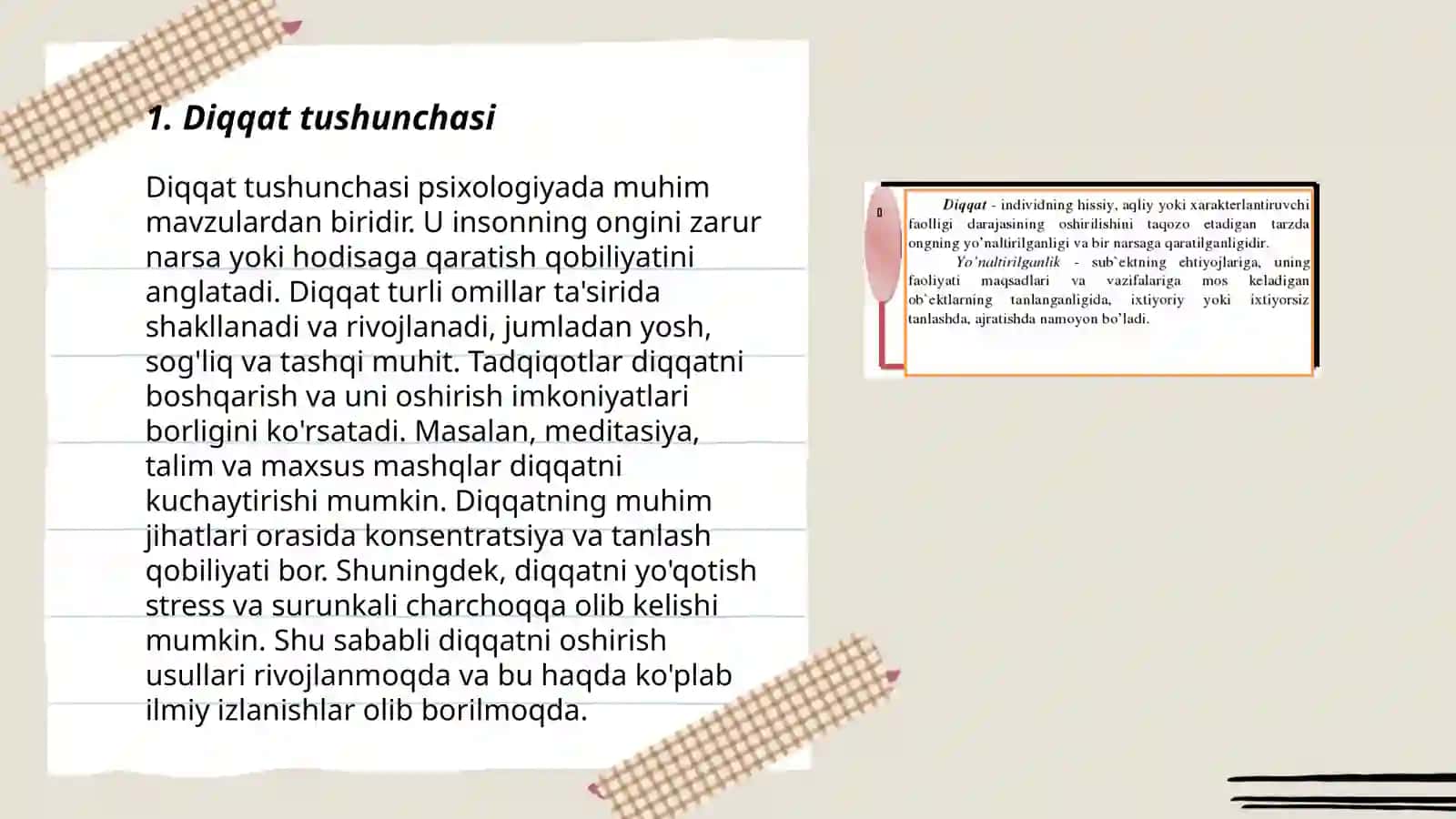 Diqqatning vazifalari va turlari.Diqqatning xususiyatlari va rivojlanishi 3