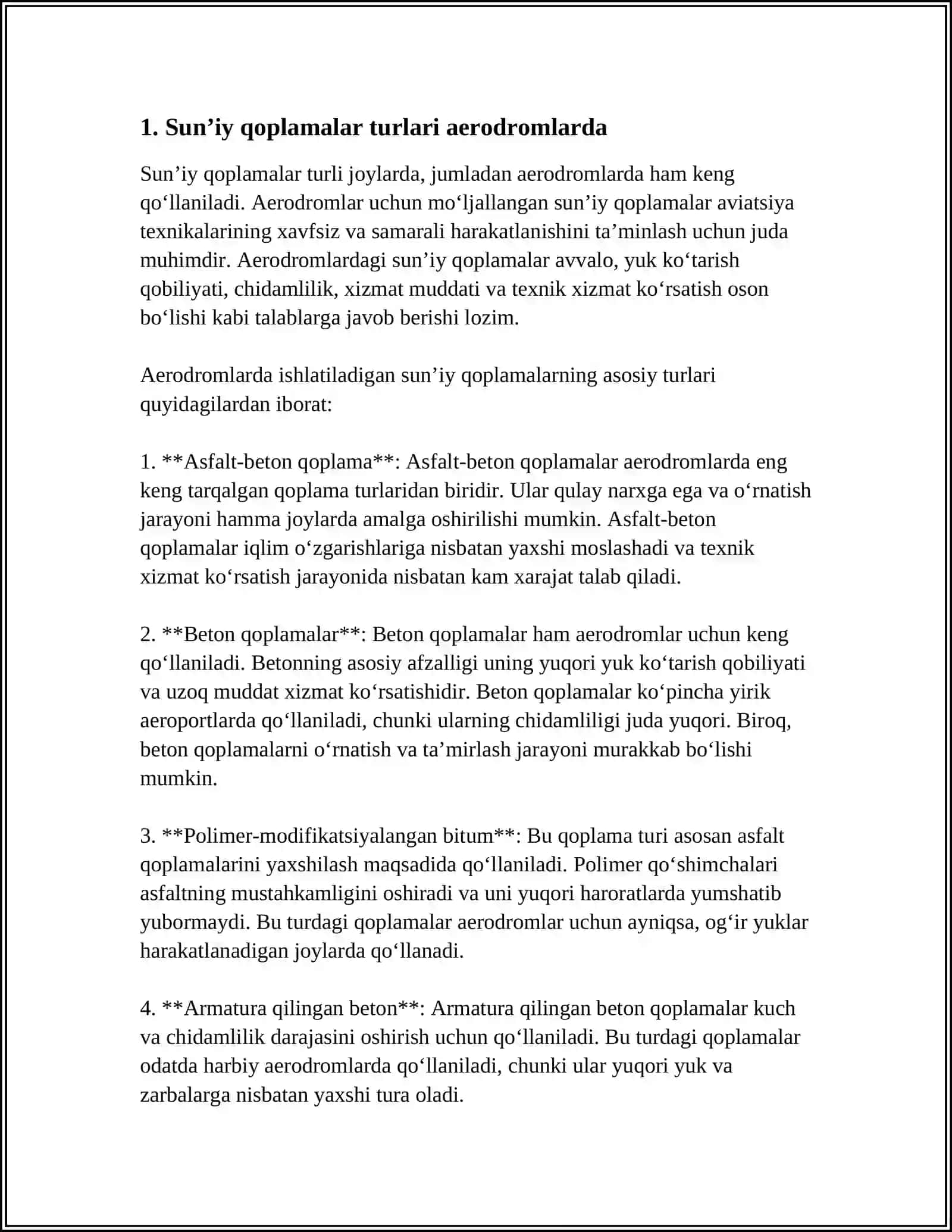 MUSTAQIL ISH AERODIROMLARDA SUN’IY QOPLAMALAR TURLARI VA VAZIFALARI 3