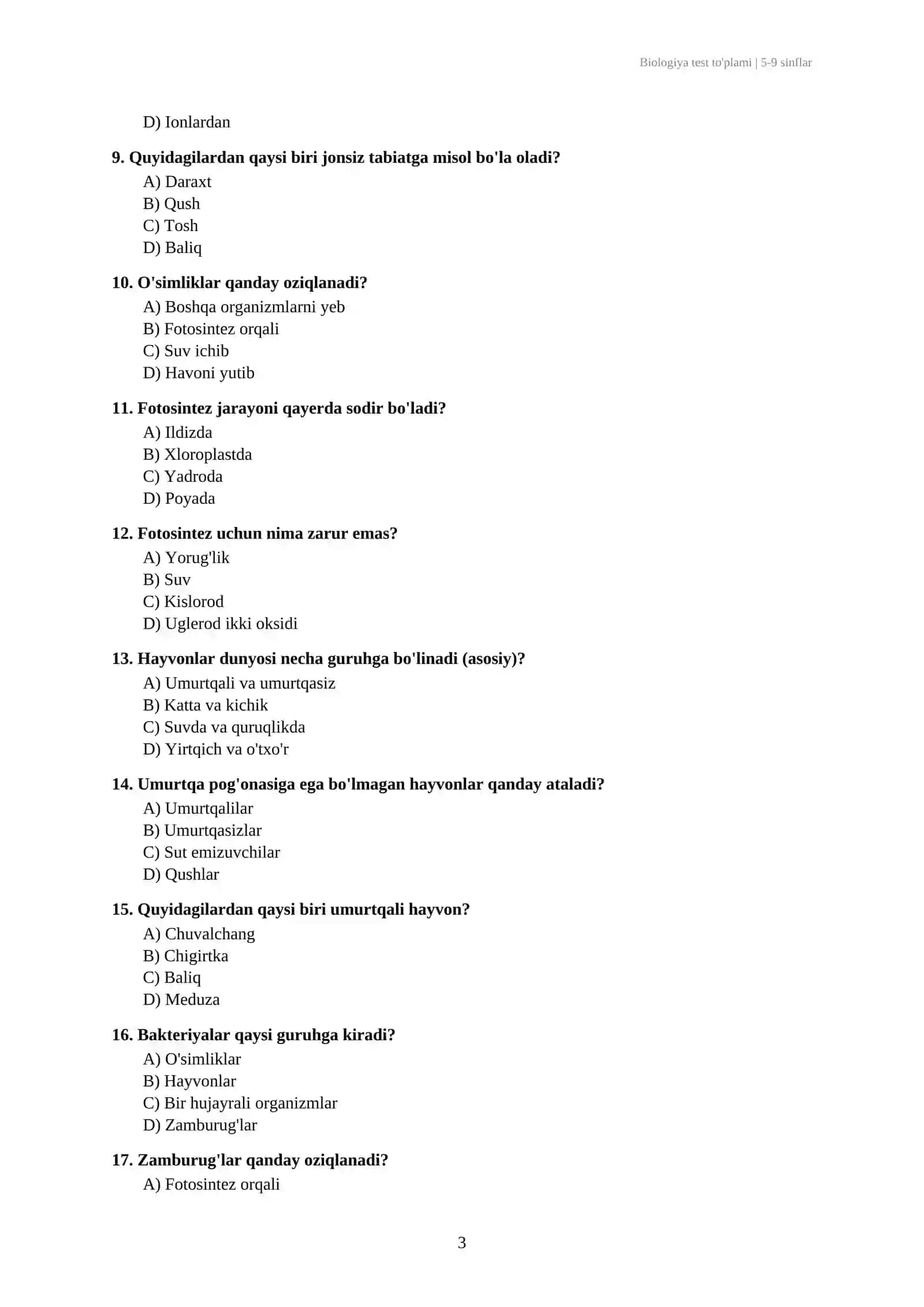 Biologiya fanidan testlar javobi bilan 5-9 sinflar 3