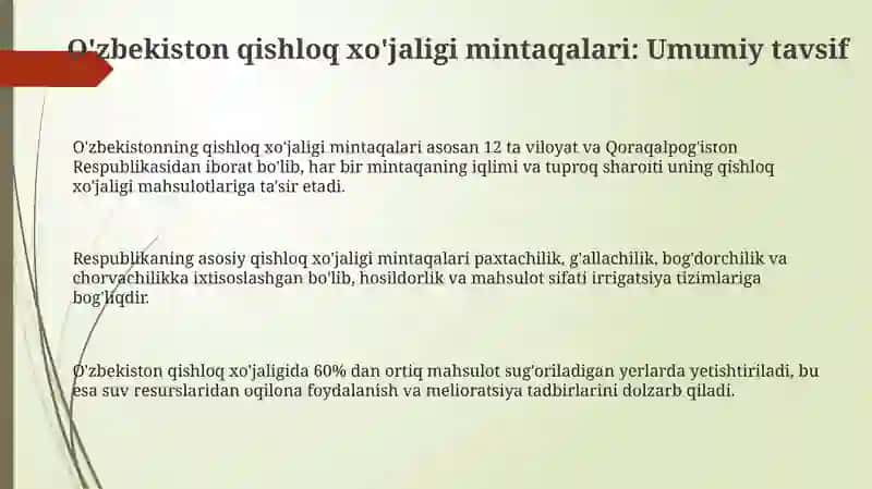 O‘zbekistоn qishloq xo‘jaligi mintaqalari. Irrigatsiya va melioratsiya 3