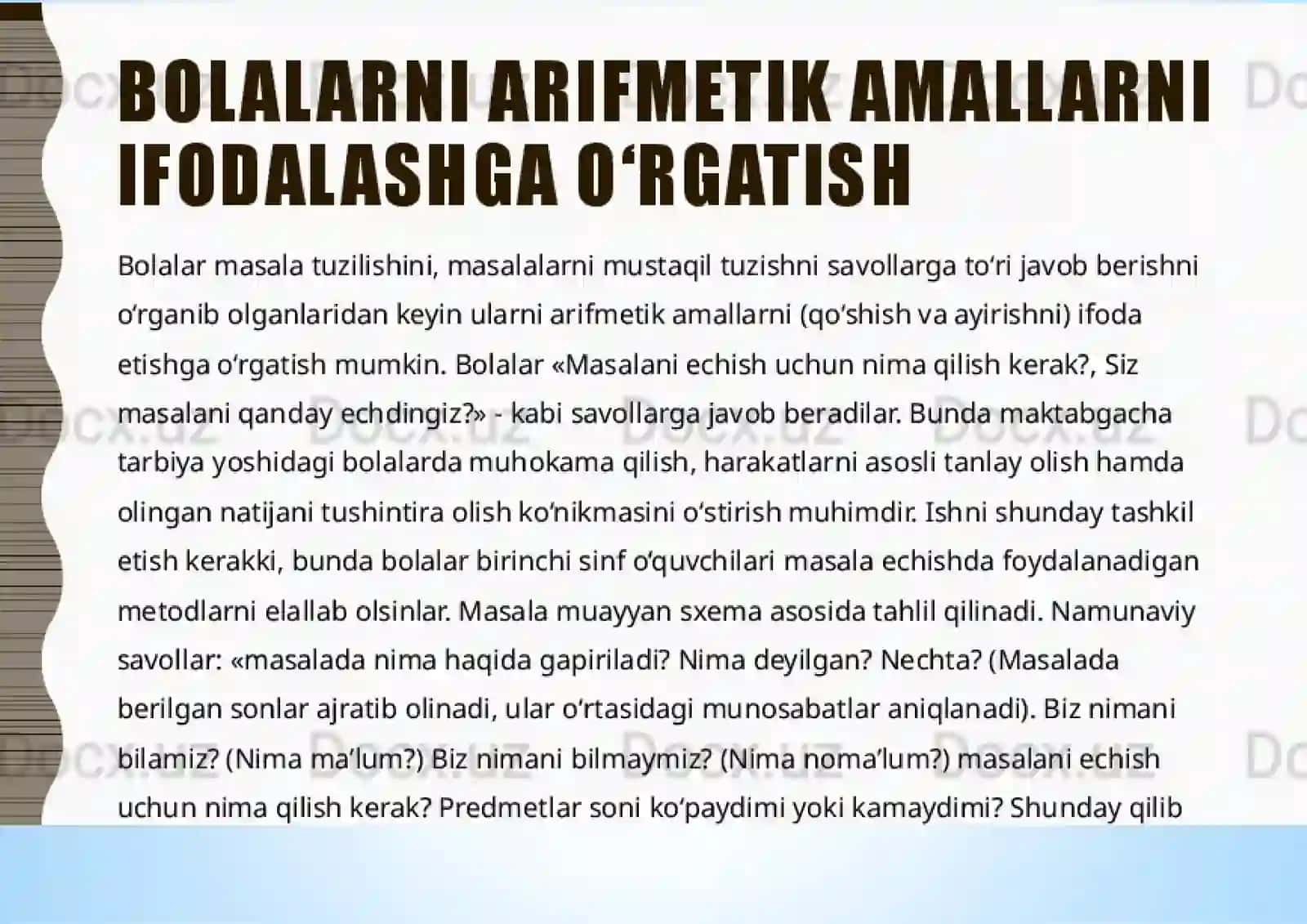 Arifmetik amallarni bajarish metodikasi. Kopaytirishning o'rin almashtirish xossasi.Bir xonali sonlarni kopaytirish jadvali va Unga mos misollar. 3