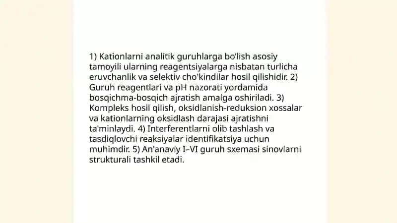 Kationlarning analitik guruhlar boʻyicha tasniflari va ularni taqqoslash 3