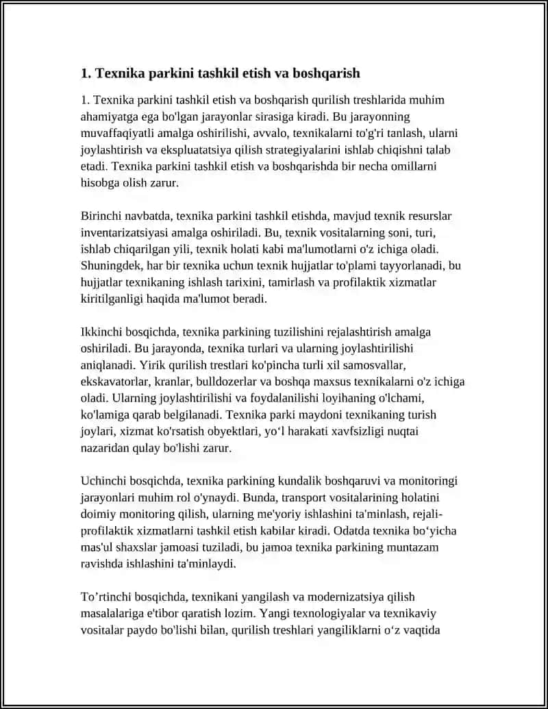 QURILISH TRESTI UCHUN AT ISHLAB CHIQISH. TEXNIKA PARKI MODULI 3