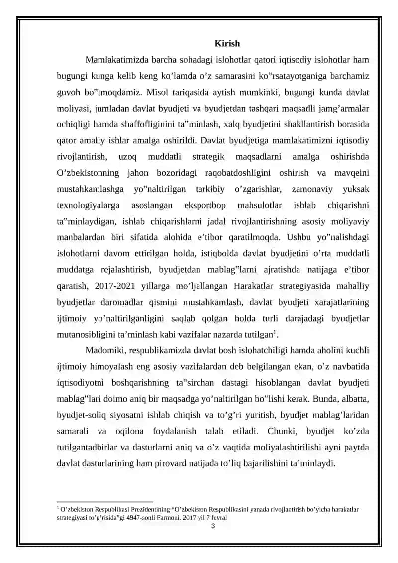 Davlat byudjeti va uning milliy daromadni taqimlash va qayta taqsimlashdagi o’rni 3