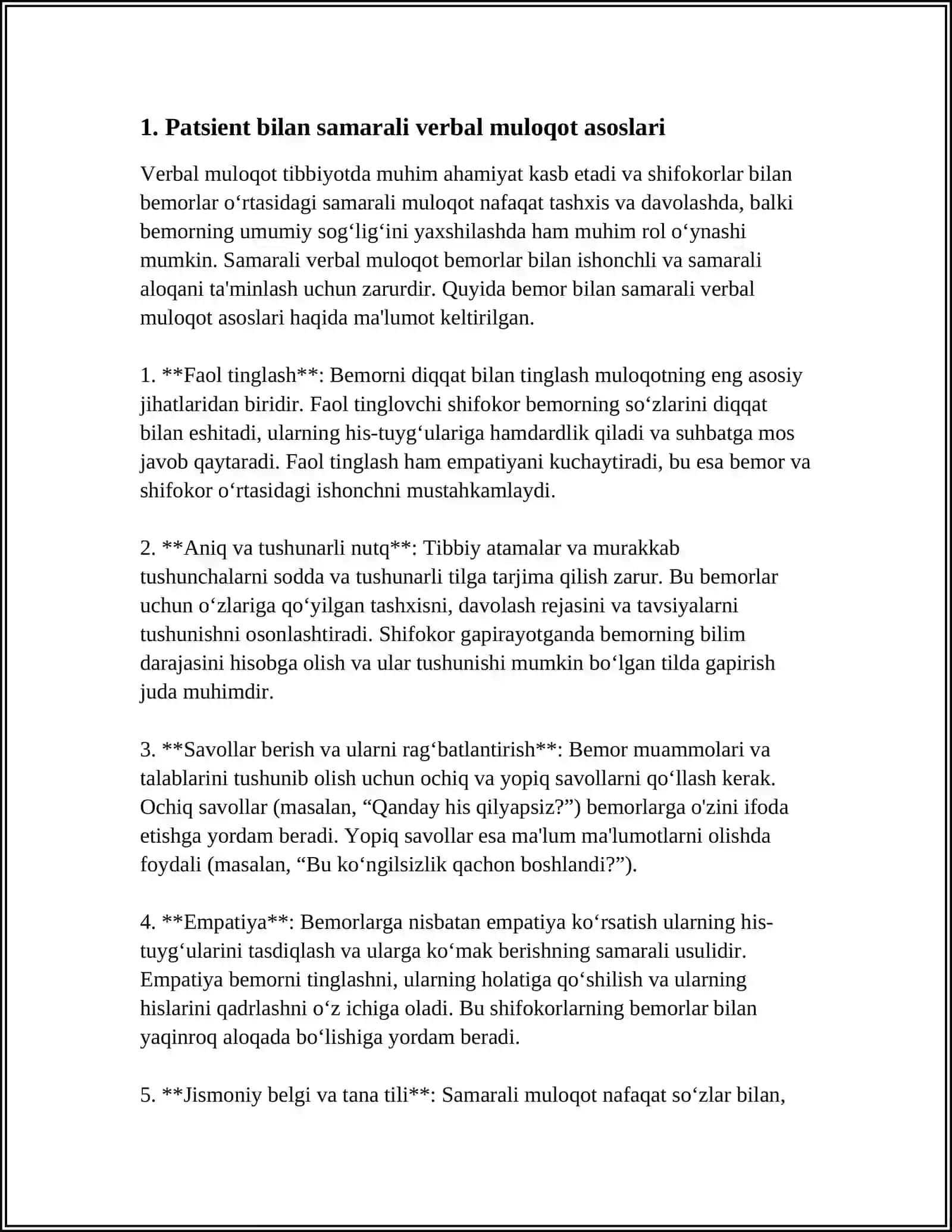 PATSIENT BILAN MULOQOT KOʼNIKMALARI.PATSIEN BILAN NOVERBAL, VERBAL MULOQOT 3