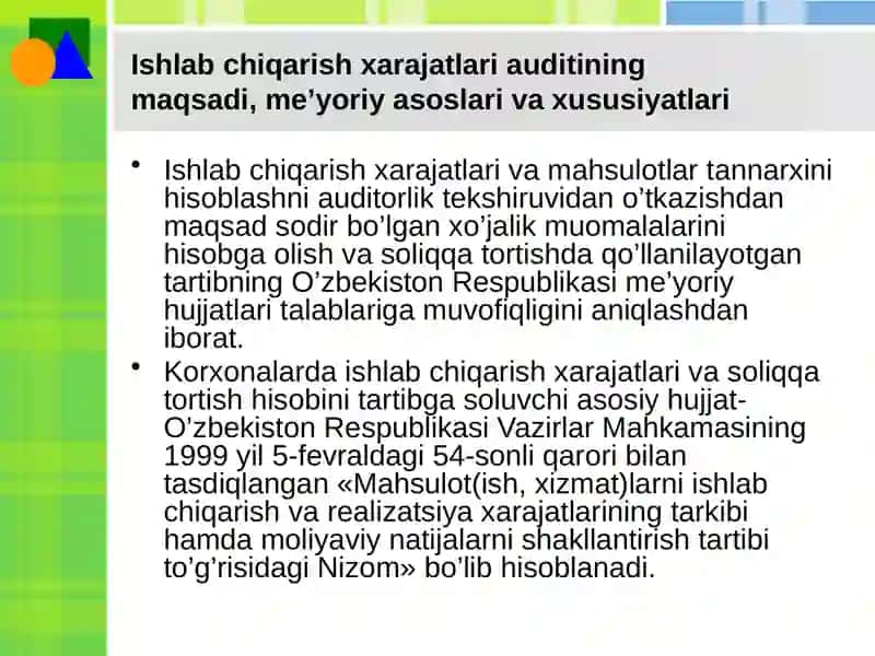 Ishlab chiqarish xarajatlari auditining maqsadi, me’yoriy asoslari va xususiyatlari 3