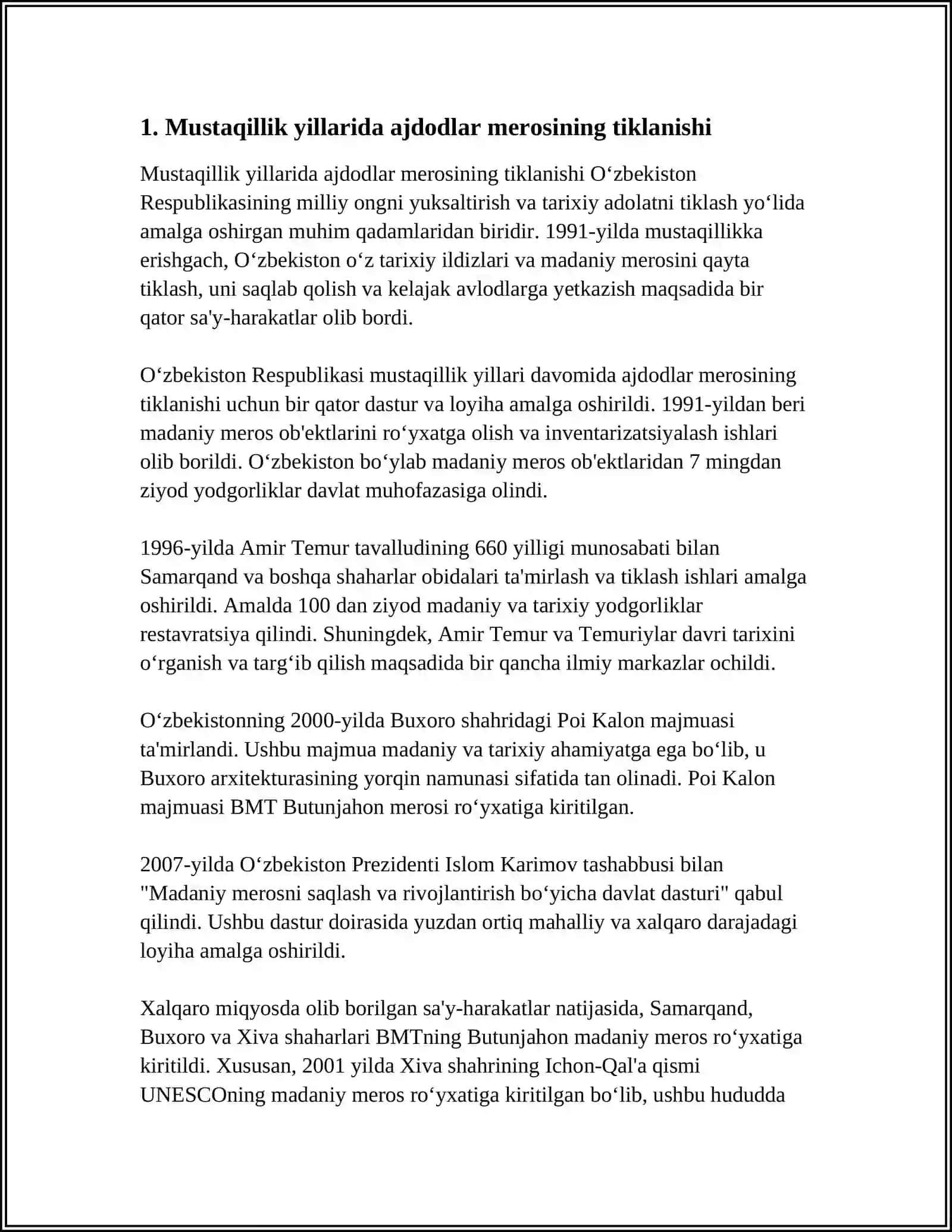 MUSTAQIGLLIK YILLARIDA AJDODLAR MEROSI MILLIY QADIRIYATLARNI TIKLASH HAMDA BUYUK AJDODLAR VA TARIXIY SHAXSLARGA BULGAN EʼTIBOR 3