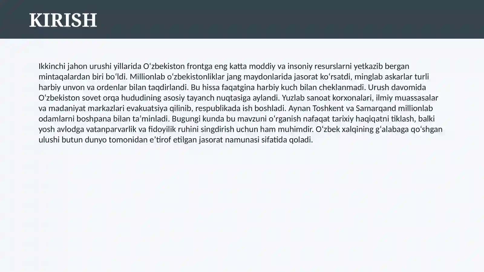 IKKINCHI JAHON URUSHI YILLARIDA O’ZBEK XALQINING FASHIZM USTIDAN QOZONG`ALABAGA QO’SHGAN HISSASI 3