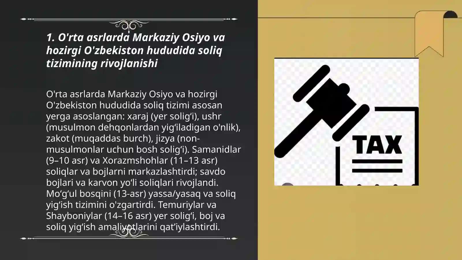Soliqlarning rivojlanish tarixi O'zbekiston soliq huquqi boyicha 3