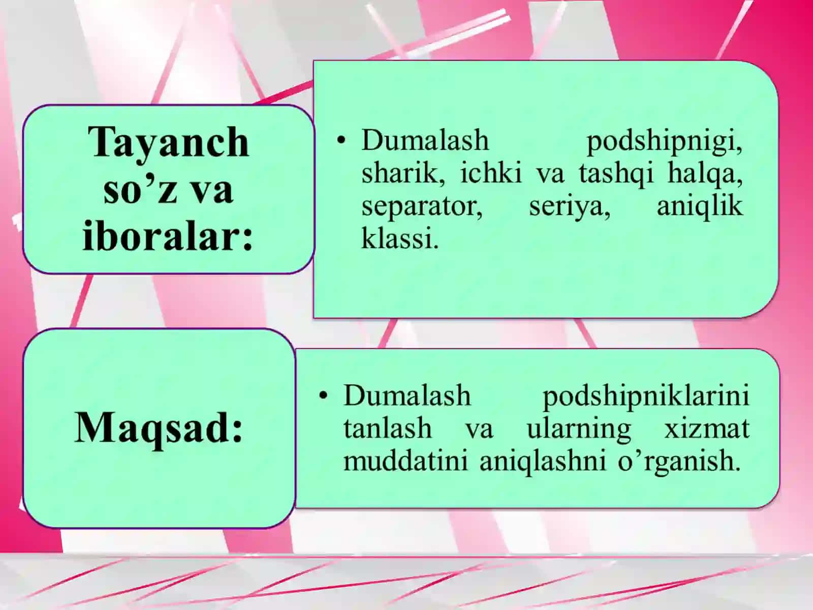 Dumalash podshipniklari to‘g‘risida umumiy ma’lumotlar va ularning tasnifi. Dumalash podshipniklarining ishlash sharoiti va uning ishchanlik qobiliyatiga ta’siri. Dumalash podshipniklarining amaliy hisobi (ularni tanlash) 3